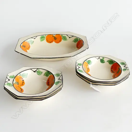 CLARICE CLIFF HONEY GLAZE 7PC DESSERT SET,  LG  BOWL  (2  CHIPS) & 6 SMALL