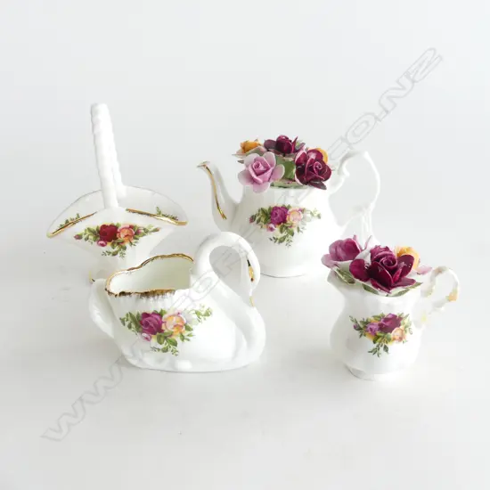 4 ROYAL ALBERT OCR ORNAMENTS, 2 POTS OF FLOWERS (H80, 70mm -SM A/F) BASKET (H.105mm) & SM SWAN VASE (L.75mm)