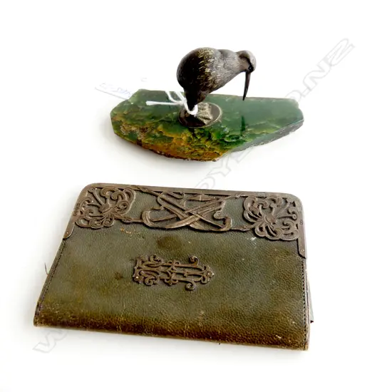 OLD SILVER PLATE KIWI ON POUNAMU BASE L.115mm + Art Nouveau leather & silver notes folder (24756)