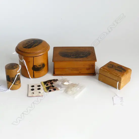 4 ITEMS MAUCHLIN WARE. MELROSE ABBEY CIRCULAR BOX. HOLYROOD PALACE & ELIZABETH BOXES & SINGER CIRCULAR NEEDLE BOX.