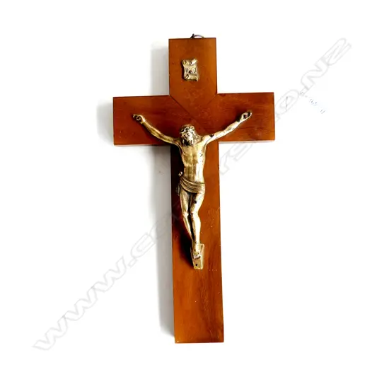 WOODEN & BRASS WALL CRUCIFIX H. 250mm