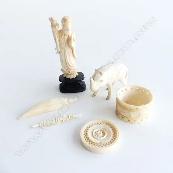 6 IVORY PCES; FIGURE H.95mm, ELEPHANT, NAPKIN RING ETC
