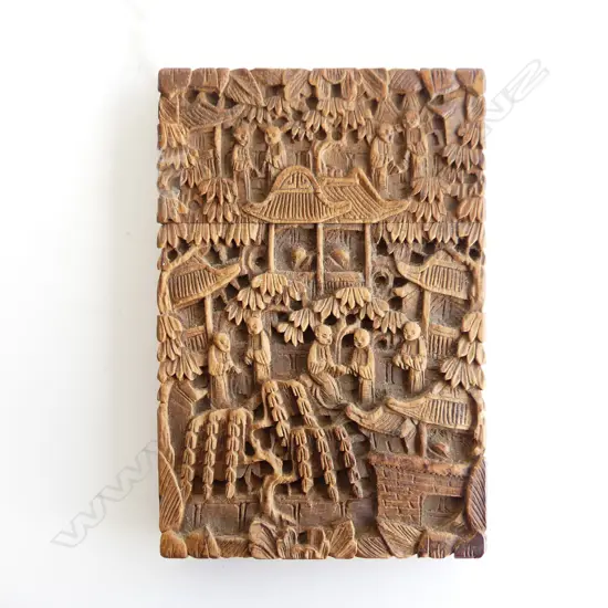 ORIENTAL CARVED WOODEN CARD CASE 115x75mm