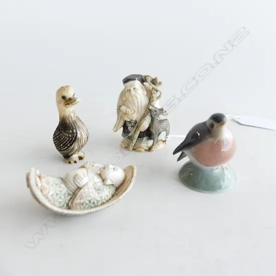 3 NETSUKE; 2 IVORY FIGURES + DUCK (FAULTS) + ROYAL COPENHAGEN BIRD