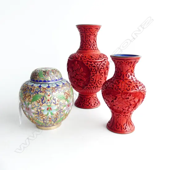 2 CINNABAR LACQUER VASES WITH SMALL CLOISONNE LIDDED GINGER JAR H 190 MM  