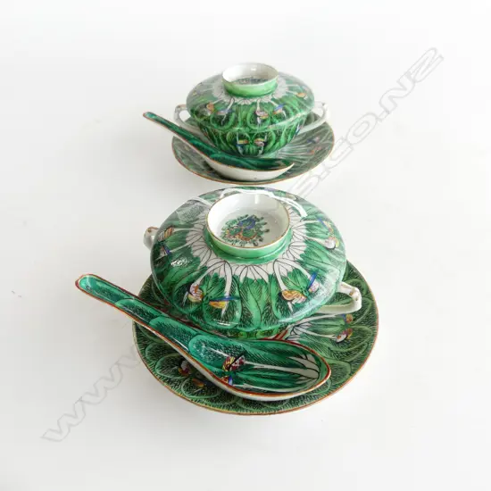 PR CHINESE FAMILLE VERT SPINACH COVERED BOWLS on dish w spoons tiny frits