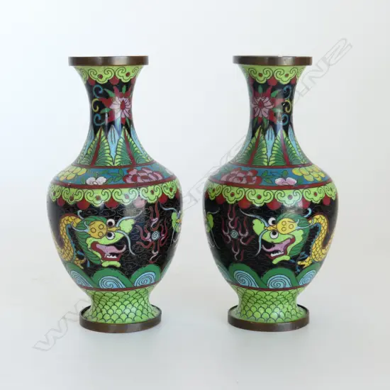 PR YELLOW DRAGON CLOISONNE VASES, C1900-1920 H. 170mm EX.COND