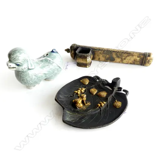 JAPANESE BRONZE BRUSH WASHER DISH, CERAMIC WATER DROPPER, TRAVELLING INKWELL