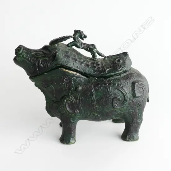 BRONZE OR BRASS WINE VESSEL OF WATER BUFFALO WITH TIGER ON ITS BACK. 