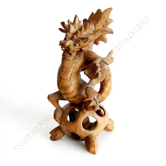LG CARVED CHINESE WOODEN DRAGON CHASING MAGIC PEARL  H. 430mm