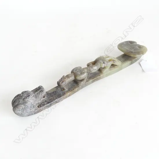 CHINESE JADE BELT HOOK, WITH DRAGON DECORATION,  L 230mm