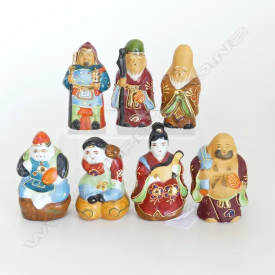7 SM VINTAGE SATSUMA DEITIES, HAND DECORATED, H. 95mm, EX COND