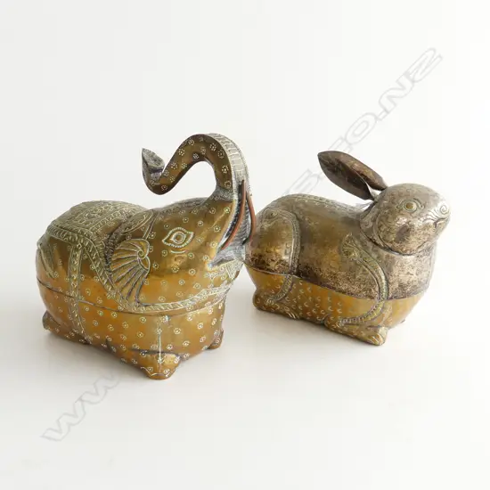 2 VINTAGE INDIAN ANIMAL LIDDED CONTAINERS; RABBIT & ELEPHANT L.160mm