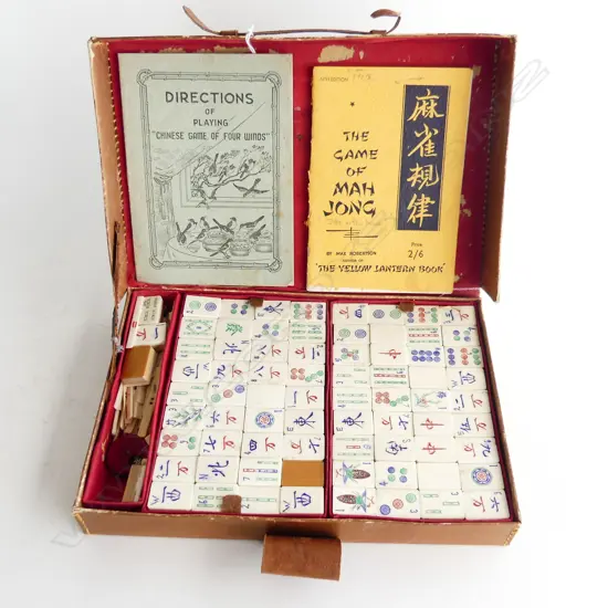 VINTAGE CASED bone & bamboo MAH JONG SET INCL INSTRUCTION BOOKLET