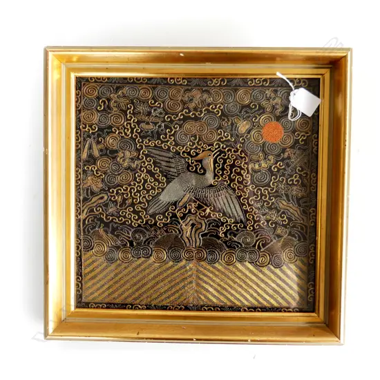 FRAMED ORIENTAL EMBROIDERY PANEL 'MANDARIN SQUARE / BUZI' 290x300mm