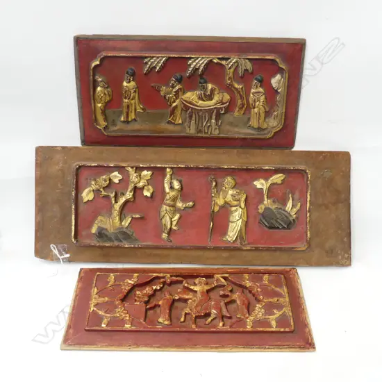 3 VINTAGE CHINESE RED & GOLD CARVED WOODEN PANELS 540 X 200mm. 360 X 165mm & 370 X 190mm
