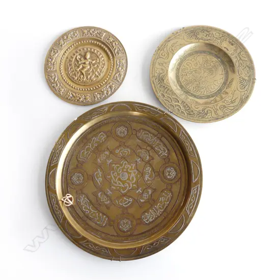 3 BRASS PLATES; MIDDLE EASTERN w. SILVER & COPPER INLAY 345mm dia, CHINESE, INDIAN