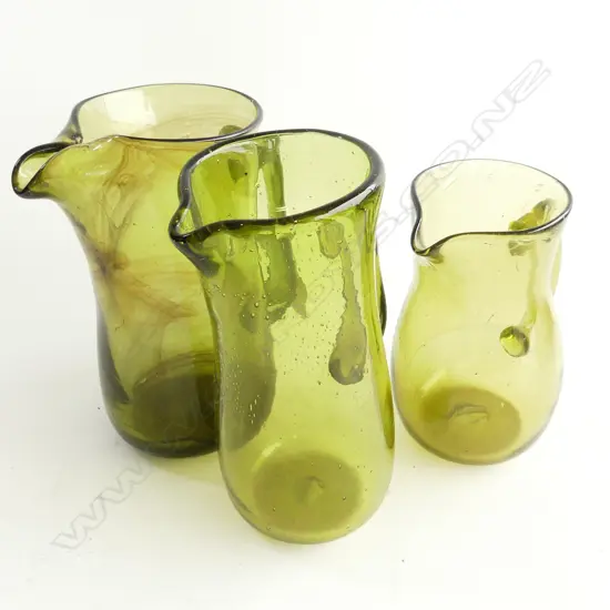 3 ART GREEN GLASS JUGS H.210mm