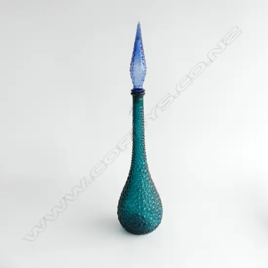 TALL TEAL GENIE BOTTLE WITH BLUE GLASS STOPPER, H. 570mm