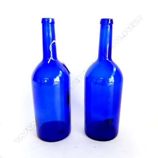 PAIR OF JOHN HARVEY SPAIN COBALT BLUE GLASS BOTTLES REG. NO. 11569 UK 1L H. 290mm