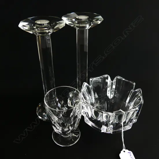 4 PCES CRYSTAL; PR CANDLESTICKS H. 200mm, ORREFORS BOWL 115mm dia, WATERFORD SHEILA GLASS