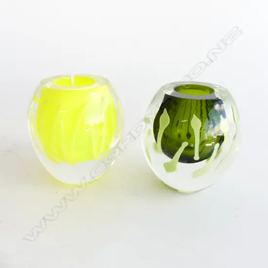2X LYNDEN OVER GLASS VASES thick walled yellow & green incised signature & 2003. H.90 & 95mm