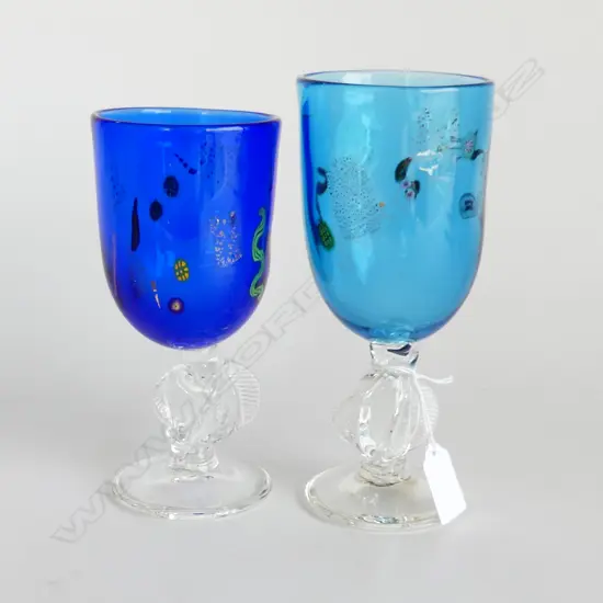 2 TALL PETER VIESNIK ART GLASSES STEMMED GOBLETS w milifiori murines