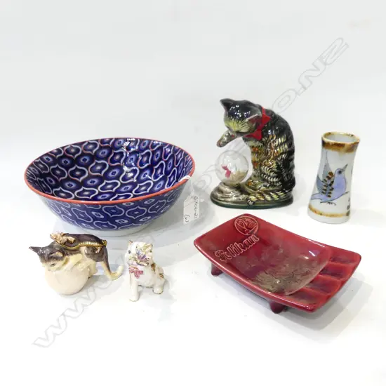 JAPANESE CERAMIC BOWL + 3 CATS + STUDIO POTTERY VASE & PELIKAN ASHTRAY