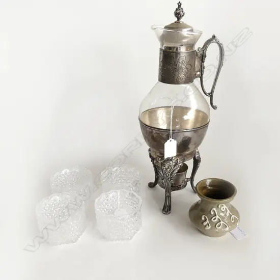 EP & GLASS WINE DISPENCER  H400MM 4 GLASSES & SMALL STUDIO POTTERY VASE H90MM