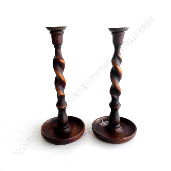 PR VINTAGE WOODEN BARLEY TWIST CANDLE STICK HOLDERS H. 310mm