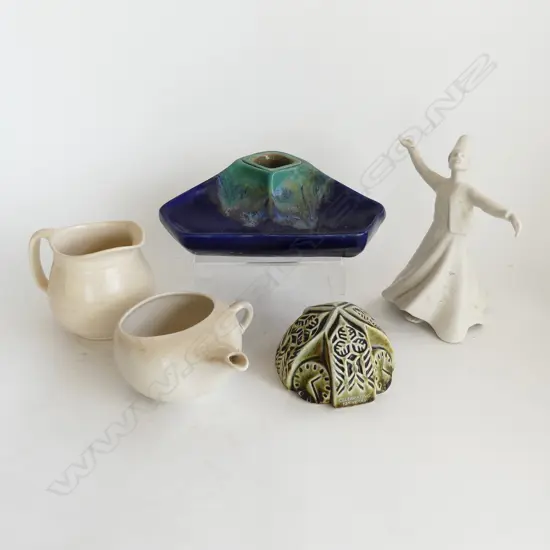 5 ASST. CERAMICS; CROWN LYNN JUG & INVALID CUP, INKWELL, TANOURA DANCER, STEINER UofA CLOCK TOWER PAPERWEIGHT 100mm dia