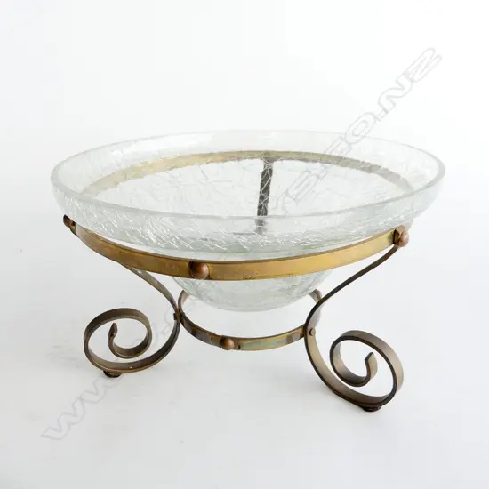 GLASS BOWL IN METAL CRADLE W SCROLLED FEET