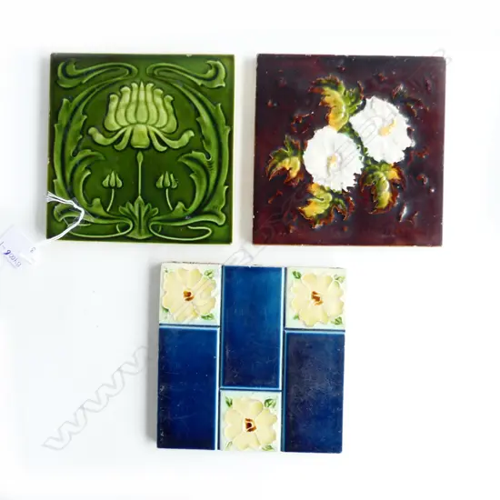 3 VINTAGE TILES, 2 FLORAL & ONE ART NOUVEAU 152 X 152mm