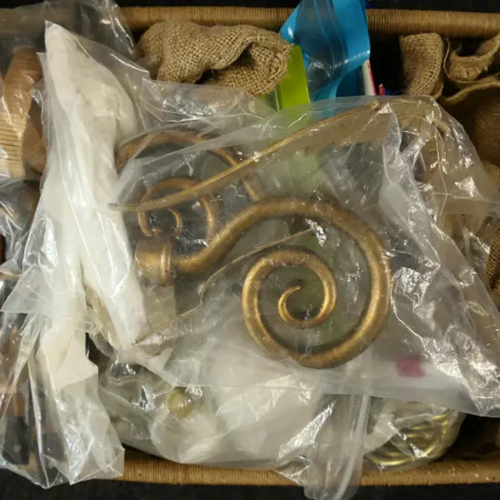 BIG BASKET MISC INCL NEW WALL SCONCES, CURTAIN BRACKETS & RINGS, ETC..