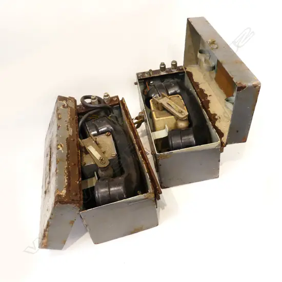 2 X WWII TIN BOXED BAKERLITE FIELD TELEPHONES 