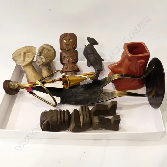 7 VINTAGE FIGURAL PIECES; BRASS TROMBONE PLAYER PLUS TRIBAL PIECES CARVINGS ETC
