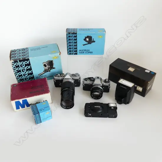 TRAY OF OLYMPUS CAMERAS & SOLIGOR ACCSESSORIES