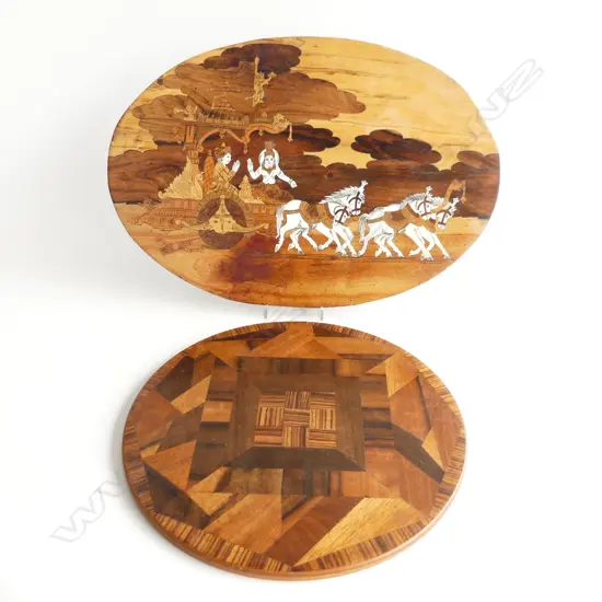 2 INLAID PANELS; INDIAN OVAL 300x440mm, MARQUETRY 305mm dia