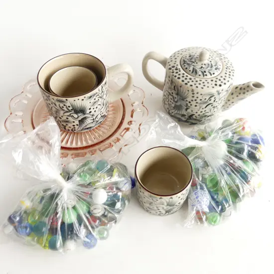 SMALL BOX POTTERY TEAPOT MARBLES  GLASS PLATE ETC