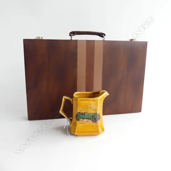 BACKGAMMON SET IN CASE 445 X 280mm + EARLY WAD ENGLISH WHISKY WATER JUG - ALFA ROMEO & SUNBEAM CAR DECO, CRAZING H130mmm