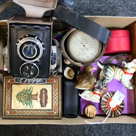 BX INCLUDES TWIN REFLEX CAMERA A GAS LEAK INDICATOR CERAMIC CAT & KITTEN WOODEN BXS ETC 