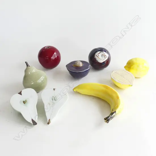 9 ASST PCS JENNY SHEARER CERAMIC FRUITS - BANANA, PEARS, LEMONS, PLUMS ETC..