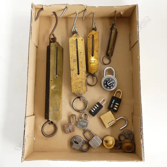 BOX LOT 4 SPRING BALANCES, LOCKS 
