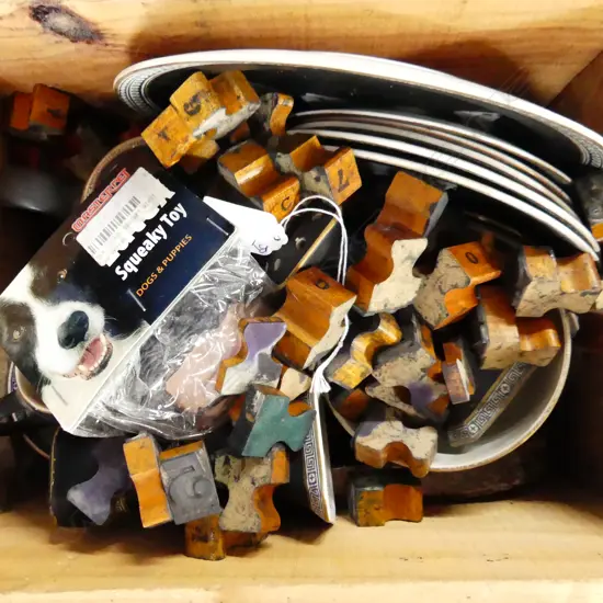 WOODEN CRATE w. PRATT WARE CHINA (AF), RUBBER LETTER STAMPS, ETC