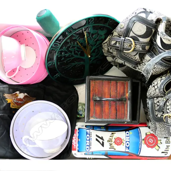 BOX OF MISC; INCL.CUPS & SAUCERS, HANDBAG, HARLEY DAVIDSON VEST  ETC