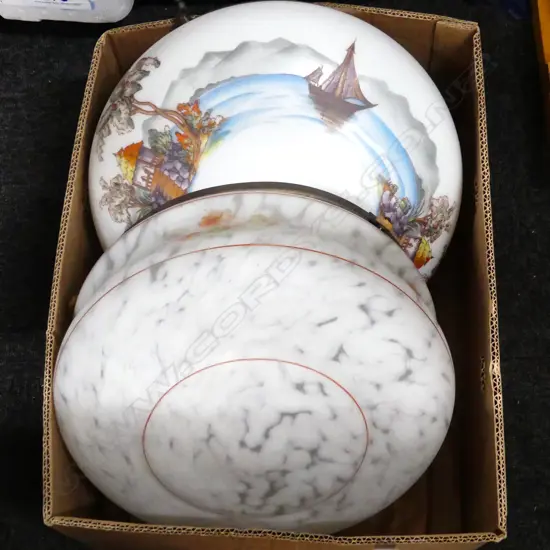 TWO LARGE VINTAGE PENDANT LIGHT SHADES SAILING SHIPS & FLORAL D. 360mm