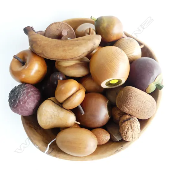 CARVED WOODEN BOWL 300mm dia & FRUITS 