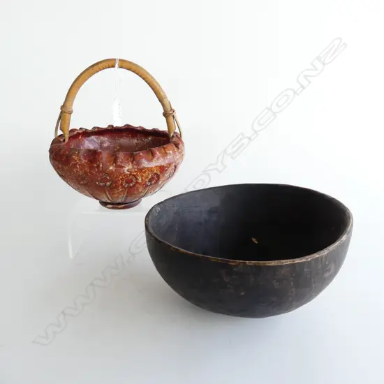 2 BOWLS, STUDIO POTTERY w. CANE SWING HANDLE, CARVED WOODEN 240mm dia