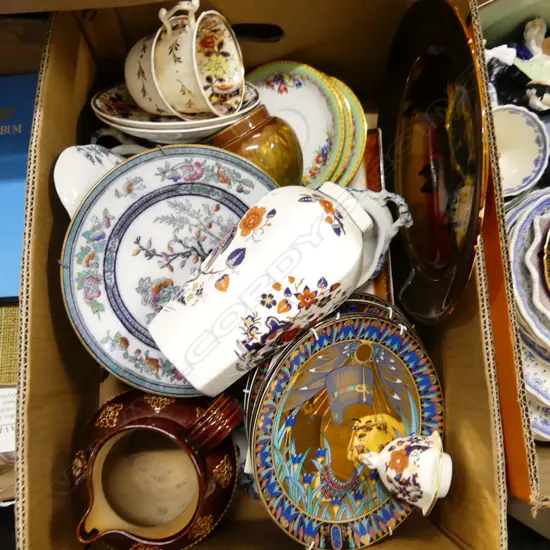 BOX LOT OF GENERAL CHINA INCLUDING EGYPTIAN THEMED DOULTON LAMBETH JUG ETC 