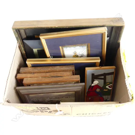 BOX OF ART WORKS & BOOK. 3 DUTCH TILES LEAF PAINTING GOLDIE PRINT 